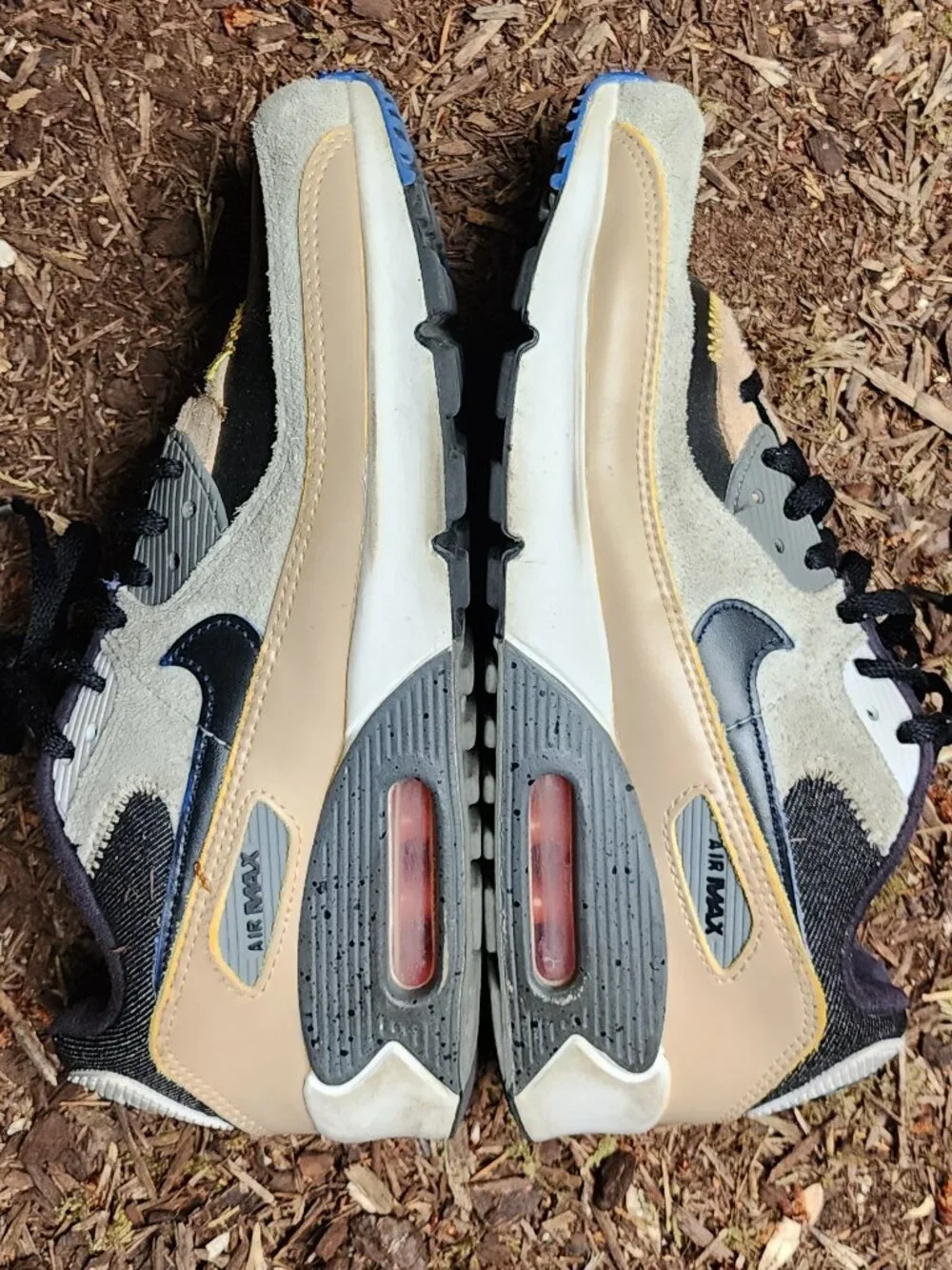 Nike 7 youth, 8.5 Women's Air Max 90 tan suede, black denim & leather